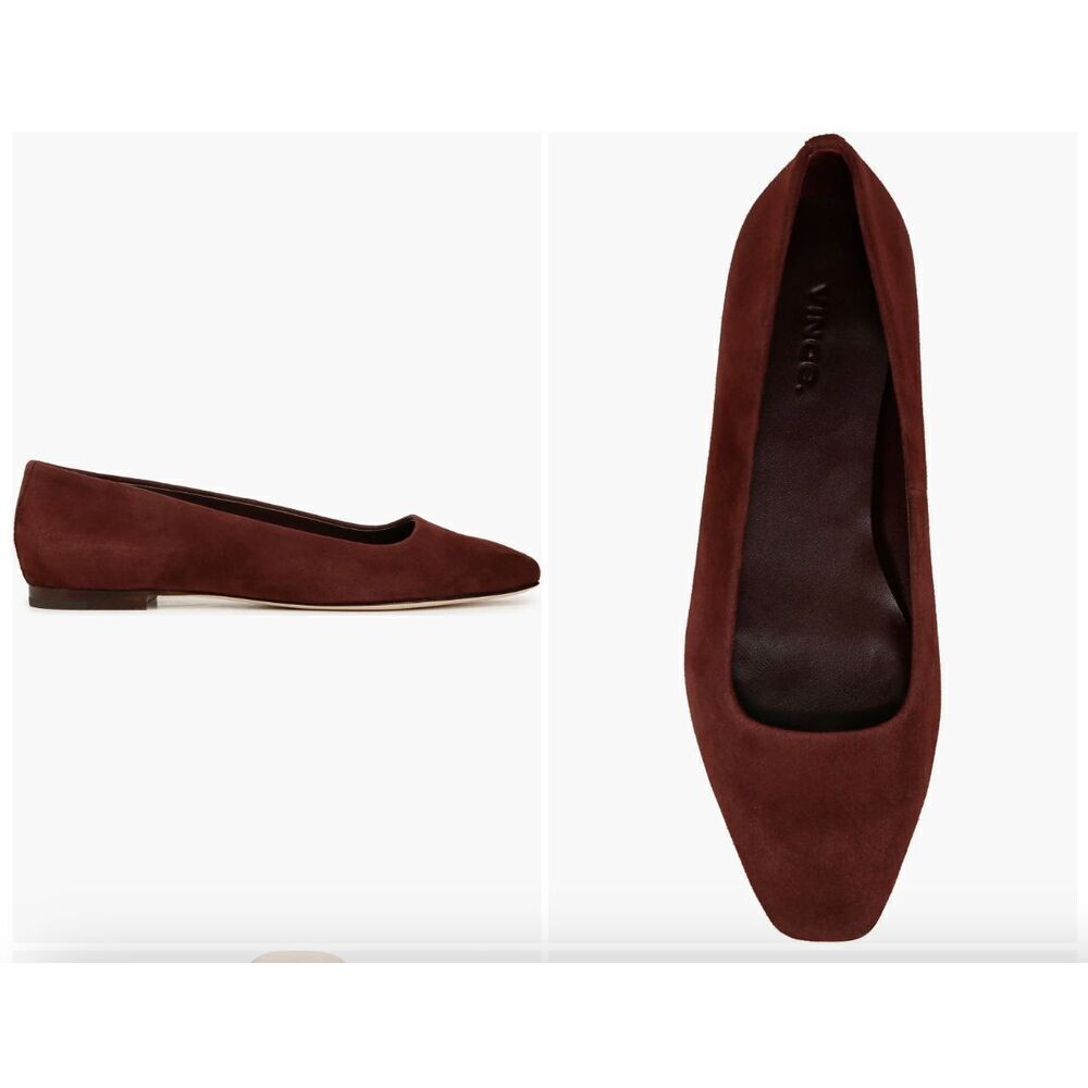 New VINCE 'Brodi-B' Squared-Toe Suede Flats Burgundy Size 38 US 7.5